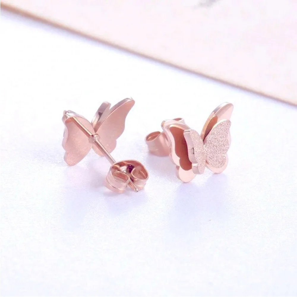 New 14k Rose Gold Over Sterling Silver Double Butterfly Studs